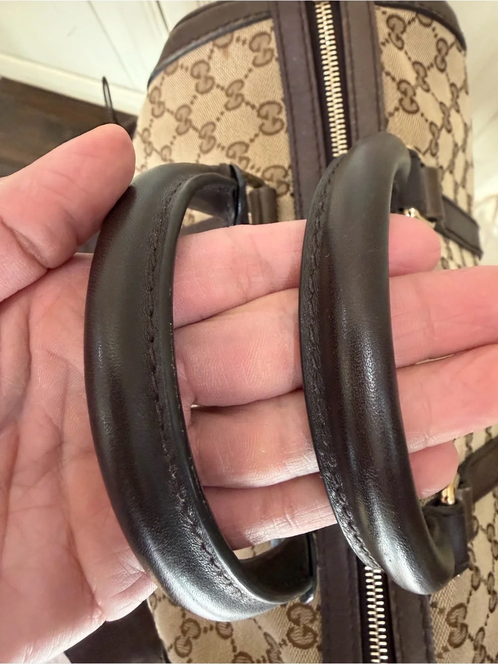 Gucci Beige GG Canvas Satchel with Dark Brown Leather Trim